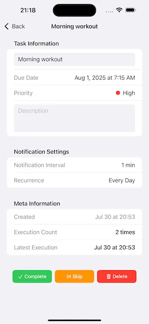 Task Detail page